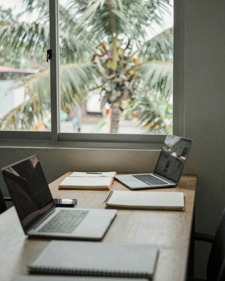 Documentary editorial photograph of a small newsroom desk in Jakarta, natural tropical daylight through a window, notebo