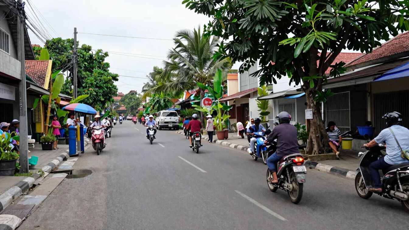 Documentary editorial photograph of an urban Indonesian street wi