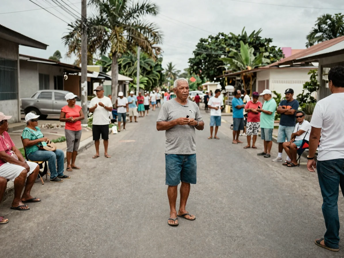 Documentary editorial photograph of residents gathered at a neigh